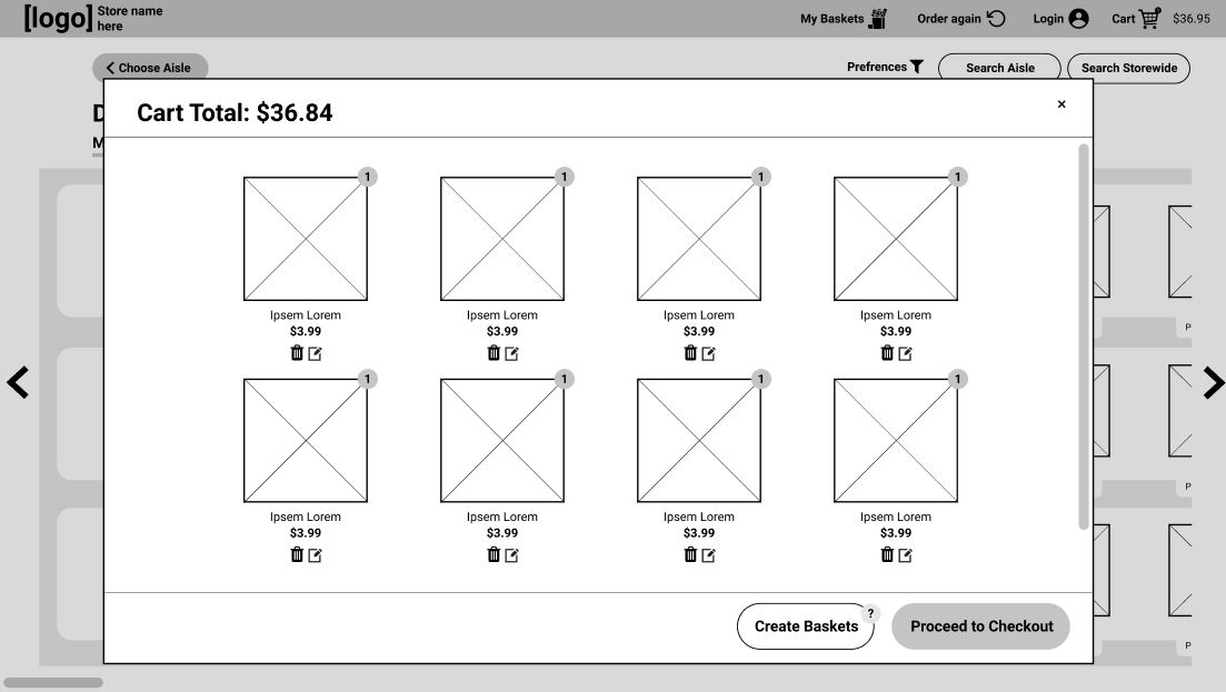 An image depicting a popup window displayed over the isle. The window has the title Cart Total $36.84 and has a list of the items in your cart. The top right hand corner of the window has an x denoting the ability to close the window and the bottom right hand corner has two butons. One says procede to checkout and the other says create bundles