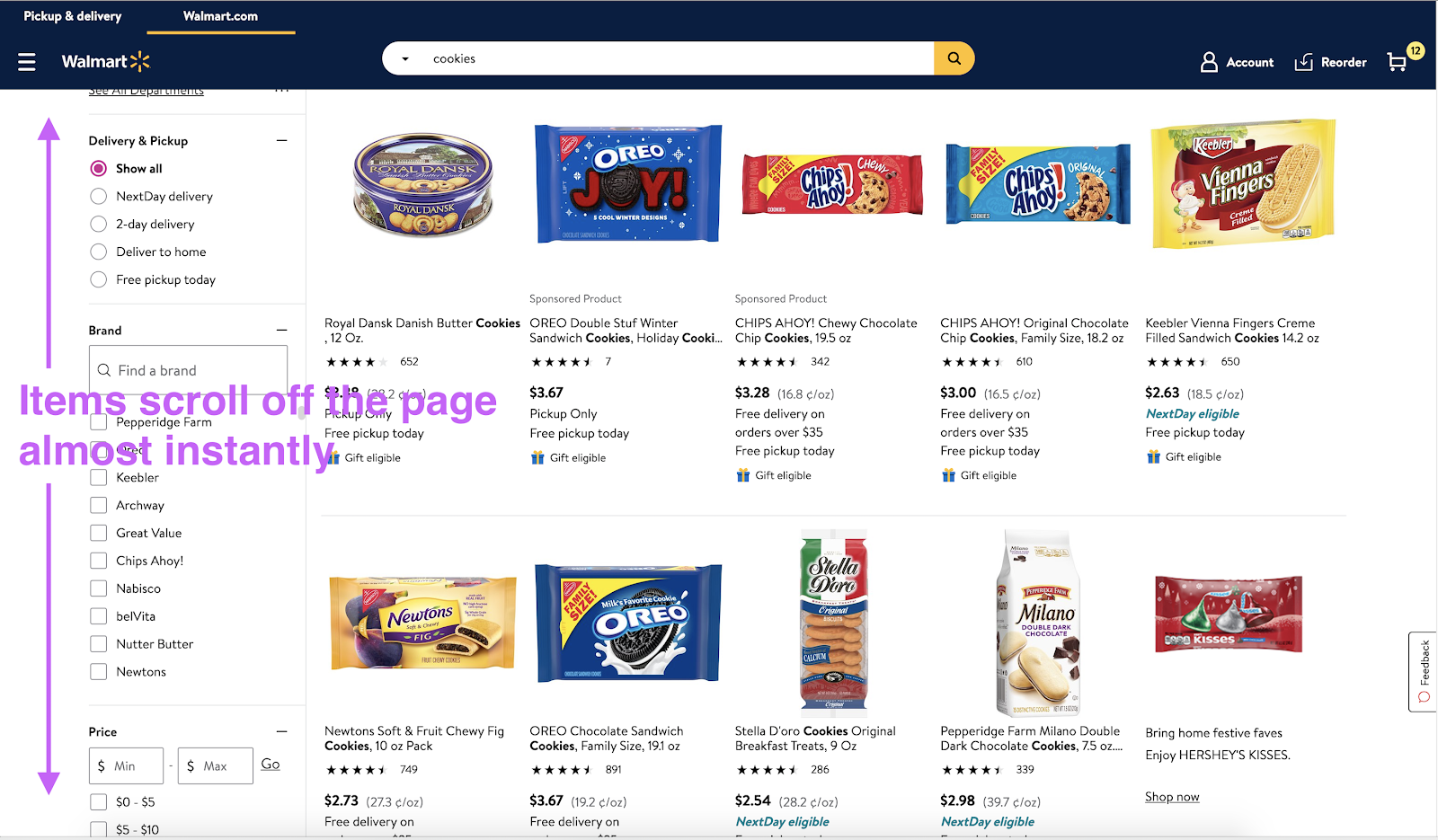 An image showing a vertical scroll on a grocery shopping website and the text 'Items scroll off the page almost instantly.'