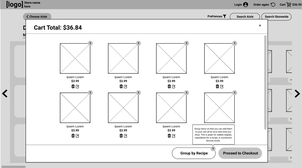 An image showing the old prototype with add to recipe button with tooltip.