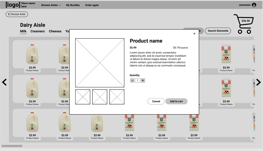 An image showing the pop-up modal that appears when the user clicks an item in the prototype.