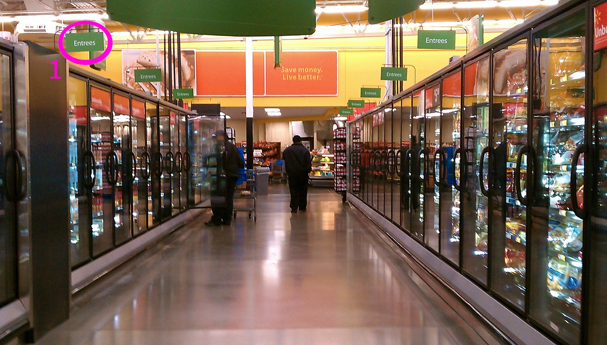 An image depicting the forzen foods isle of a rocery store. Signs hang over the refridgeration units periodically. The signs denote diferent sections of the refridgeration units such as entres and frozen pizzas.