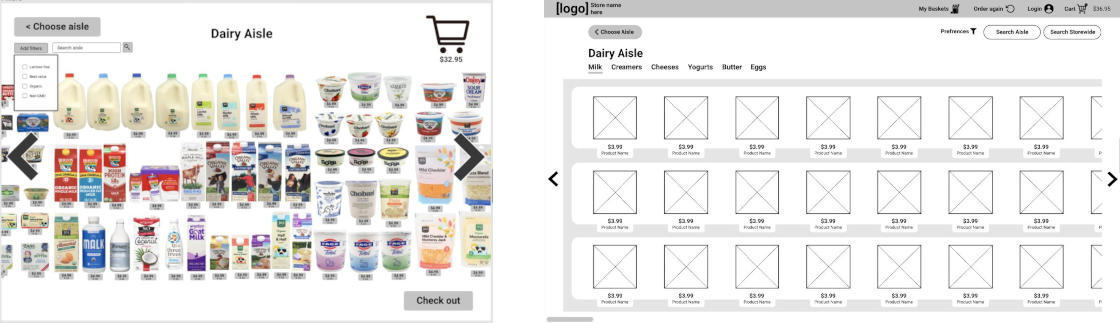 An image depicting the refinement of the prototype. On the left is an image showing many varied items displayed as images layed out in a grid on a white background. The right hand image displays items arainged in three rows and set into a shape which suggests the items are placed on a virtual shelf.